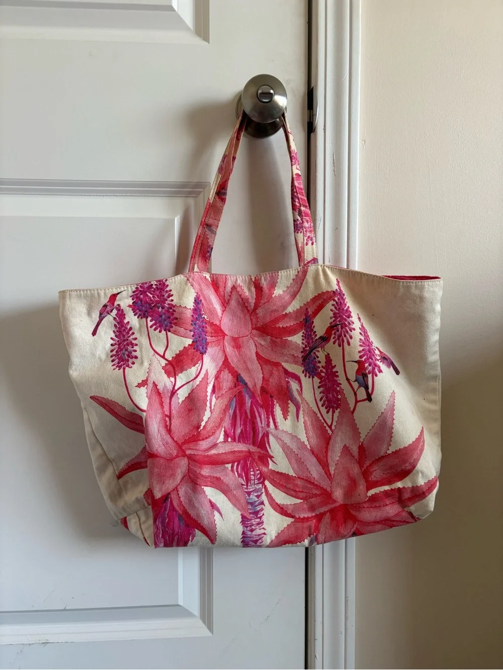 Canvas Floral Tote Bag in Pink and Cream